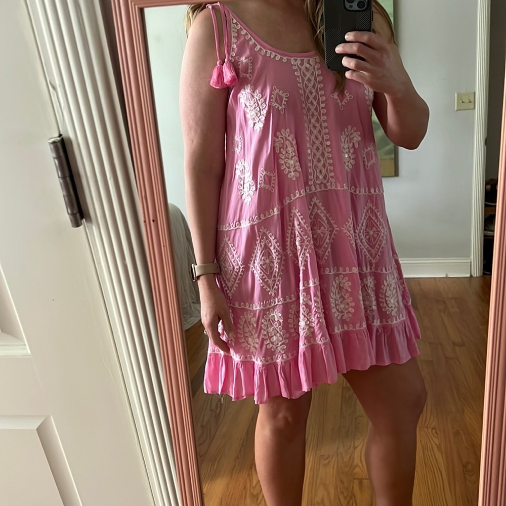 Pranella Dress Embroidered Pink Cover Up Greek Tasseled Size 2 / medium - Picture 3 of 17